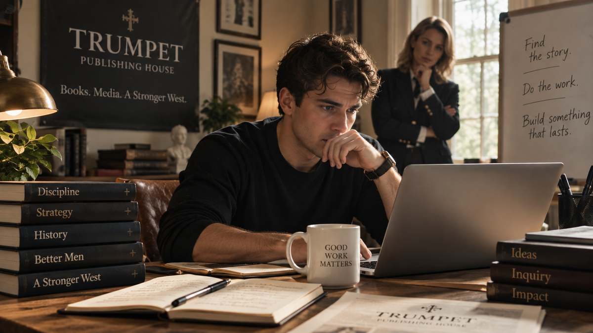 A young person posting at a laptop while a private editor works behind them in a Trumpet Publishing House office.