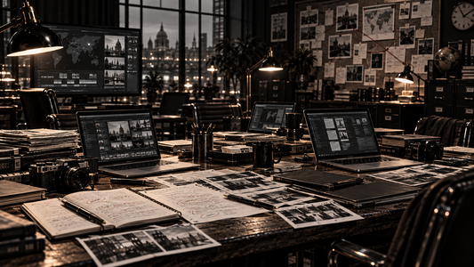 Black and white newsroom editorial room with desks, cameras, notebooks, marked-up pages, and computer screens