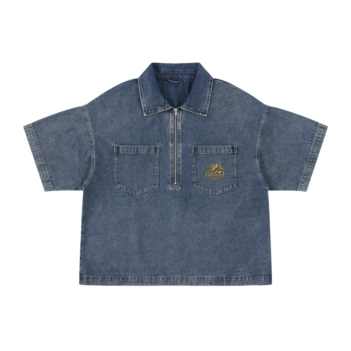 Unisex Vintage Wash Boxy Quarter-Zip Denim Shirt