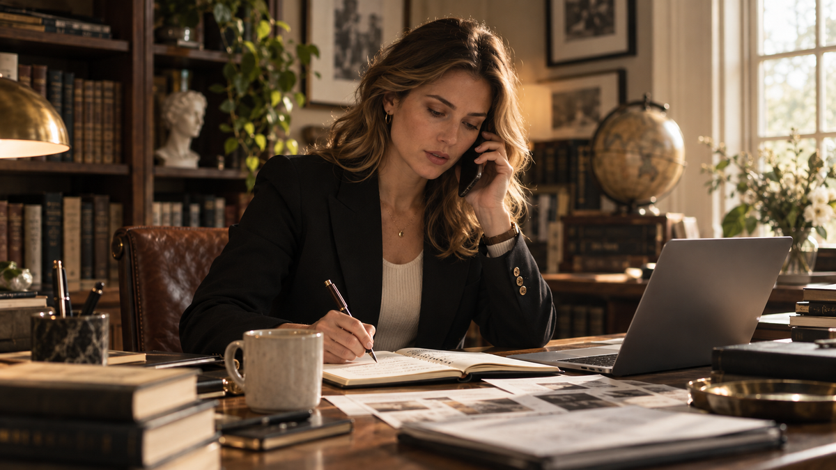 A young woman speaking on the phone and writing notes at a home-office desk.