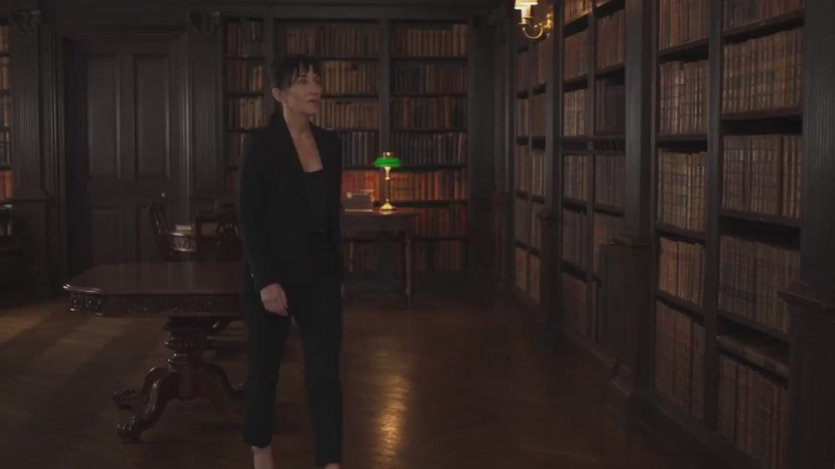 Load video: Please select the publisher video of the merchant in a dark library with books.